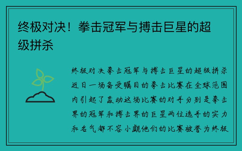 终极对决！拳击冠军与搏击巨星的超级拼杀